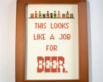 This looks like a job for BEER Cross Stitch -- tiny beer cans on a shelf with a message for beer lovers, craft beer, alcohol, mature