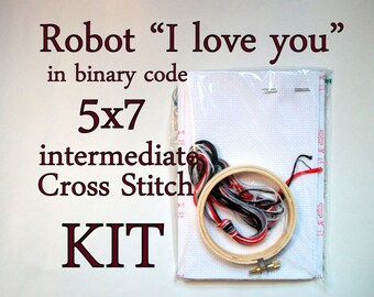 Cross Stitch Kit -- Robot "I love you" advanced beginner kit