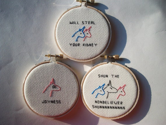 Charlie the Unicorn Cross Stitches in Hoops or Small Frames Set of 3 -   Israel