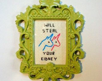 Steal Your Kidney - Charlie the Unicorn cross stitch, framed