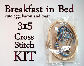 Cross Stitch Kit -- Breakfast in Bed, patterned to fit in a 3x5 oval hoop
