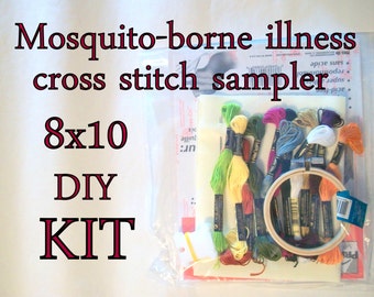 Cross Stitch KIT -- Mosquito-borne illnesses Microbes Sampler 8x10 -- choice of 3 versions with Aedes or Anopheles mosquito