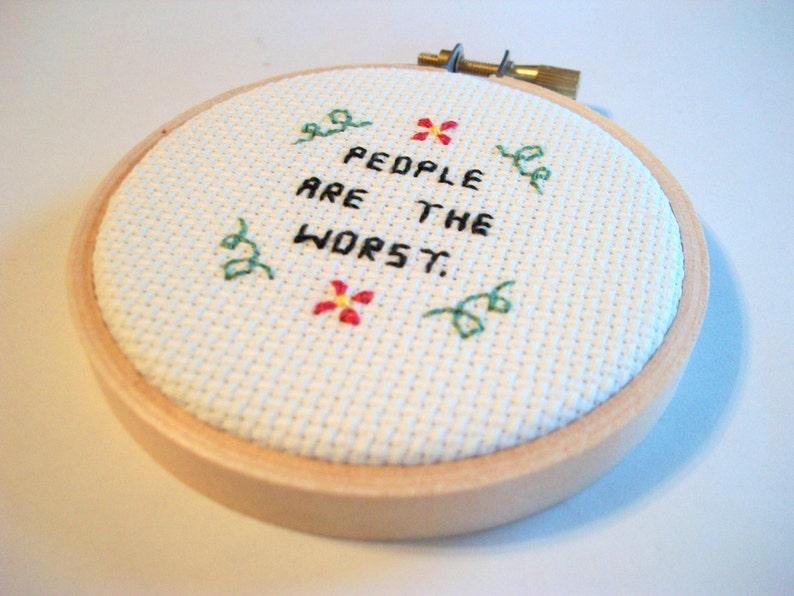 People are the worst Mini cross stitch truth-telling, totally accurate completed 3 inch round cross stitch about humans image 2