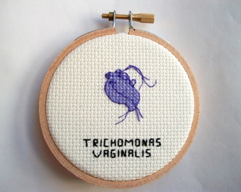 STD cross stitch -- Trichomonas vaginalis parasite, geek stitchery for med student or biology major