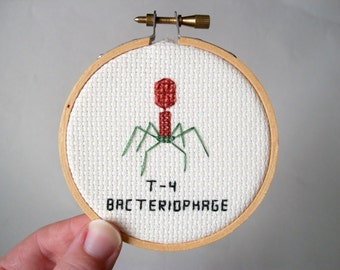 T-4 Bacteriophage microbe -- microbe cross stitch, for science geeks or anyone in love with badass germ-killers