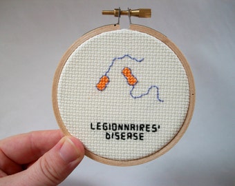 Legionnaires' Disease cross stitch -- Legionnella in stitches, for doctors, science geeks or people who love microbiology