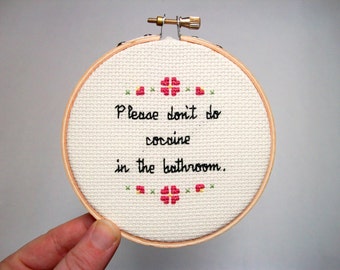 Please don't do cocaine in the bathroom Cross Stitch -- let people know how *not* to use your loo, mini version