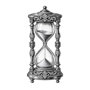 May include: A black and white hourglass featuring an ornate frame with intricate carved details, a central glass bulb containing fine sand, and a decorative base and top cap. The structure is supported by four vertical pillars with floral accents.
