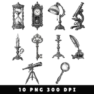 Puede incluir: Una colección de diez ilustraciones en blanco y negro que muestran un reloj de arena, un reloj de pared, una lámpara de escritorio, un microscopio, una vela en un soporte, una llave decorativa, un candelabro, una pluma en un tintero, un telescopio y una lupa.