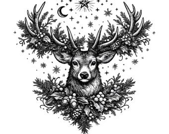 Himmelsk hjort PNG, Vintage vinterhjort Clipart, Woodland Christmas Sublimation