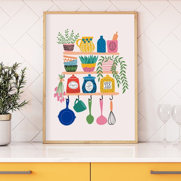 Colourful Kitchen Print // Kitchen wall decor, Kitchen illustration wall art, Bright home decor, Shelfie print, A2 A3 A4 A5 8x10 5x7 4x6