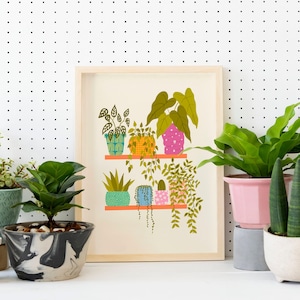 Plants On A Shelf Print // House plant wall art, Plant lover gift, Retro wall decor, Bathroom prints, Colourful // A2 A3 A4 A5 8x10 5x7 4x6