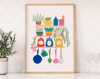 Colourful Kitchen Print // Kitchen wall decor, Kitchen illustration wall art, Bright home decor, Shelfie print, A2 A3 A4 A5 8x10 5x7 4x6