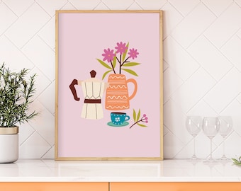 Coffee and Flowers Print // Kitchen Wall Decor Coffee Lover Print Bright Home Decor Colourful Wall Art Botanical // A2 A3 A4 A5 8x10 5x7 4x6