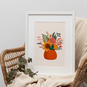 Pumpkin Print // Cottagecore decor, Cute pumpkin wall art, Autumnal sunflowers, Sunflower art print, Autumn print / A2 A3 A4 A5 8x10 5x7 4x6