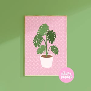 Monstera Print, House plant poster, Colourful bathroom decor, Prints for bedroom, Pink wall art, Gift for plant Mum | A3 A4 A5 8x10 5x7 4x6 image 1