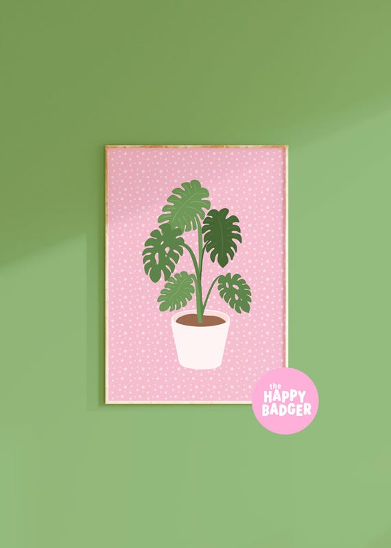 Monstera Print, House plant poster, Colourful bathroom decor, Prints for bedroom, Pink wall art, Gift for plant Mum | A3 A4 A5 8x10 5x7 4x6