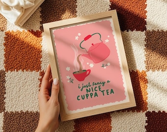 Impresión de tetera vintage // Impresión de cocina rosa, regalo para amantes del té, impresión de taza de té, arte colorido para la pared de la cocina // A3 A4 A5 8x10 5x7 4x6