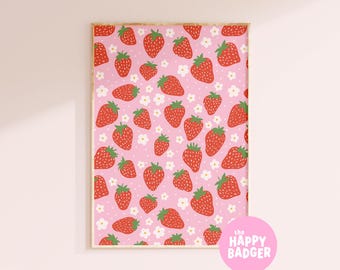 Strawberry Pattern Print | Pink and Red Kitchen Decor