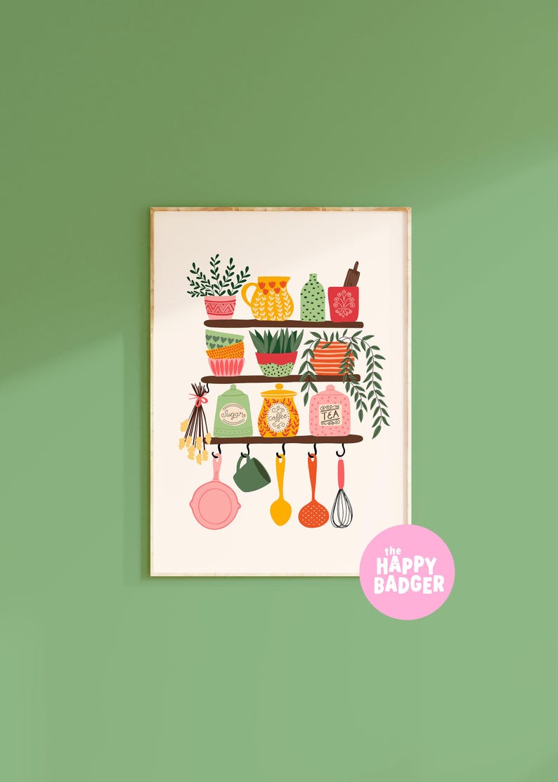 kitchen shelves print colourful kitchen decor,... Kitchen Shelves Print // Colourful Kitchen Decor, Kitchen Illustration ...