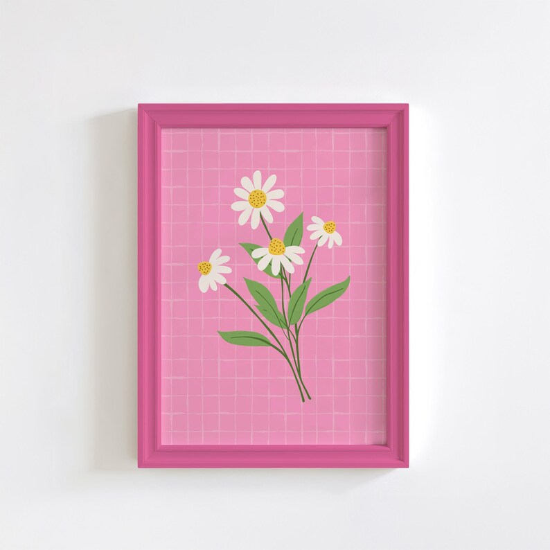 Pink Daisies Print, Bright floral home decor, Dopamine prints for bedrooms, Cute flower illustration wall art | A3 A4 A5 8x10 5x7 4x6 image 7