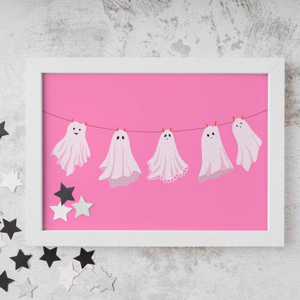 Cute Ghosts Print // Spooky Decor Pink Halloween Decorations Cute Illustration Halloween Ghost Print Wall Art // A2 A3 A4 8x10 5x7 4x6