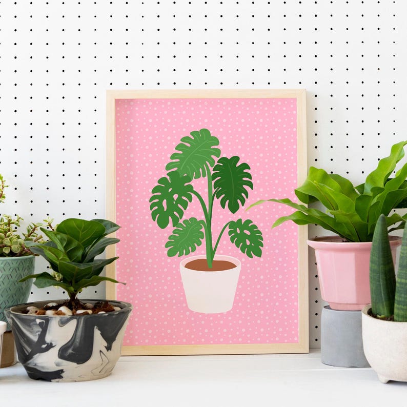 May include: A framed print of a green monstera plant in a white pot on a pink background with white polka dots.