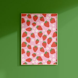 Strawberry Pattern Print // Fruit art print daisy wall decor Colourful wall art Pink kitchen decor strawberries // A2 A3 A4 8x10 A5 5x7 4x6