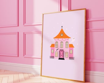 Haunted House Print // Spooky cute things, Pink halloween decor, Pastel halloween, Halloween lover gift // A2 A3 A4 A5 8x10 5x7 4x6