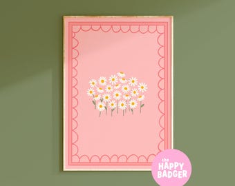 Daisy Print // Pink wall art, Cute flower prints, Daisy themed gift, Colourful home decor, Cottagecore decor // A3 A4 A5 8x10 5x7 4x6