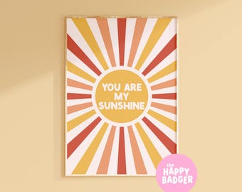 You Are My Sunshine Print // Retro quote prints, Positive quotes wall art, Yellow wall art prints, Colourful prints, Gallery wall decor