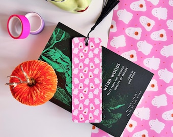 Marcador de Página Fantasma Rosa | Marcador de página de Halloween com borla, Presente rosa para amantes de leitura, Presente para quem ama livros, Presente para fã de Halloween