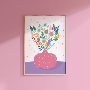 Impresión de jarrón de flores // Impresión de jarrón pastel, Lindos carteles de cocina, Arte de pared retro colorido, Impresiones de color rosa brillante // A2 A3 A4 A5 8x10 5x7 4x6