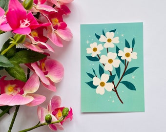 Retro Flowers Postcard // Cute Botanical Bathroom Teal Floral Illustration Colourful Just Because Gift Notecard Mini Art Print A6