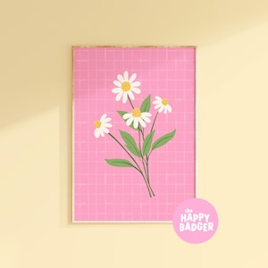 Pink Daisies Print, Bright floral home decor, Dopamine prints for bedrooms, Cute flower illustration wall art | A3 A4 A5 8x10 5x7 4x6 image 1