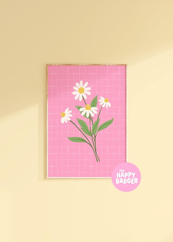 Pink Daisies Print, Bright floral home decor, Dopamine prints for bedrooms, Cute flower illustration wall art | A3 A4 A5 8x10 5x7 4x6