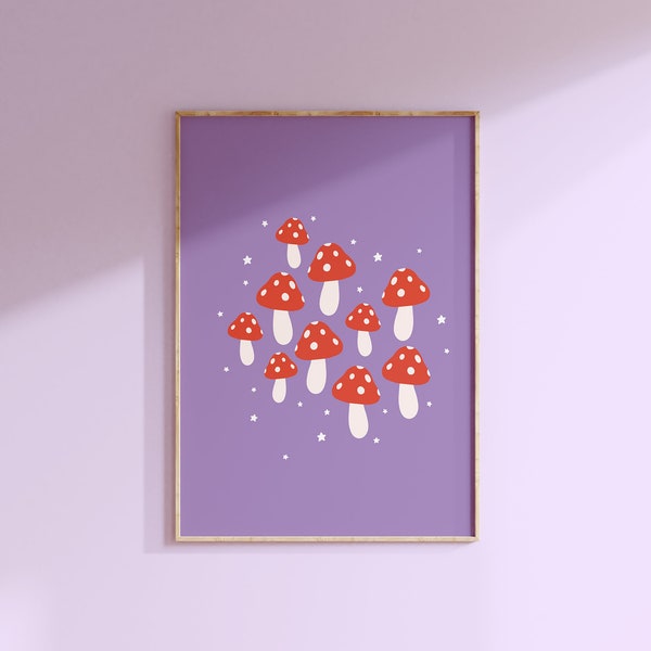 Cute Mushroom Print // Purple Wall Decor 90s Retro Print Colourful Wall Art Y2K Aesthetic Poster Bedroom // A2 A3 A4 A5 8x10 5x7 4x6