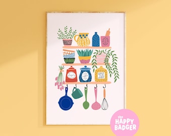 Colourful Kitchen Print // Kitchen wall decor, Kitchen illustration wall art, Bright home decor, Shelfie print, A3 A4 A5 8x10 5x7 4x6