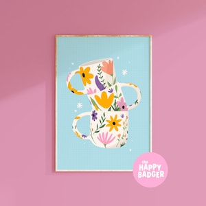 Stacked Mugs Print | Blue Floral Kitchen Wall Art | A3 A4 A5 8x10 5x7 4x6