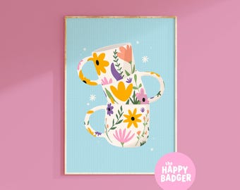 Stacked Mugs Print | Blue Floral Kitchen Wall Art | A3 A4 A5 8x10 5x7 4x6
