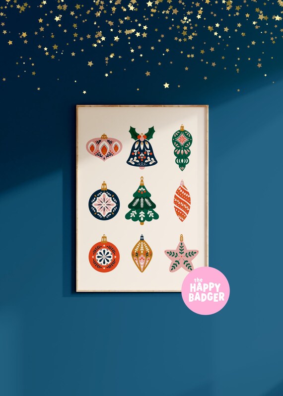 Christmas Baubles Print | Traditional xmas poster, Red and green festive decor, Seasonal wall art, Winter print