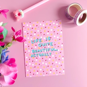 Carte postale de citation sur le bonheur, impression de dicton positif, impression de carte postale A6 colorée, art mural marguerite, mini impression coccinelle, cadeau ramasse-moi