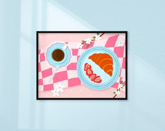 Pink Breakfast Print // Gallery Wall Art Strawberry Croissant Brunch Gingham Kitchen Retro Coffee Kitsch Food Decor // A2 A3 A4 5x7 4x6