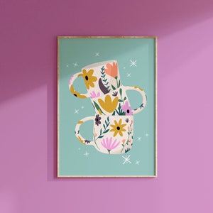Stacked Mugs Print // Bold Vintage Illustration Kitchen Print Colourful Teal Retro Kitsch Home Decor Mugs Flowers / A3 A4 A5 8x10 5x7 4x6