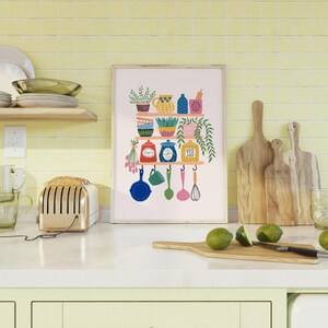 kitchen shelves print colourful kitchen decor,... Colourful Kitchen Print // Kitchen Wall Decor, Kitchen Illustration ...