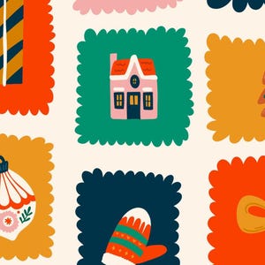May include: A repeating pattern featuring scalloped-edge squares in various colors. The squares contain illustrations of a pink house with a red roof, a white and red Christmas ornament, and a striped mitten in red, green, and white colors.