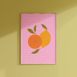 Impresión de naranja y limón // Arte de pared de cocina lindo, decoración colorida, póster rosa, ilustración de frutas, impresión de pared kitsch // A2, A3, A4, A5, 8 x 10, 5 x 7, 4 x 6