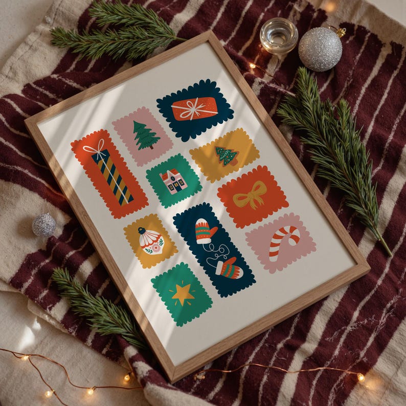 May include: A framed art print featuring a grid of scalloped-edge rectangular stamps with holiday illustrations including a gift, a Christmas tree, a house, a bow, an ornament, mittens, a candy cane, and a star in red, green, blue, and yellow.