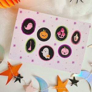 Carte postale d'Halloween / Décoration murale effrayante, Décoration d'Halloween rose, Art mural mignon d'Halloween, Mini impression / / Carte postale A6 texturée de luxe