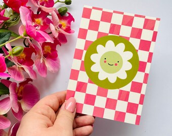 Retro Postcard // Positive Groovy Illustrated Pink Flower Retro Quote Pick Me Up Gift Affirmation Card Notecard Mini Art Print A6 Postcard